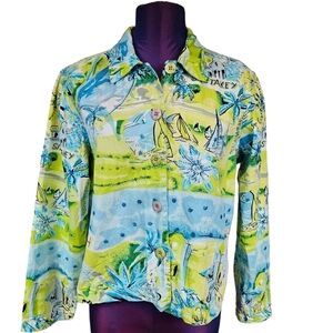 Karen Hart Neon‎ Yellow & Blue Siesta Key Sequin Blazer Size Medium Women's T1